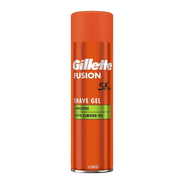 GILLETTE-SHAVING GEL-200ml-GB-M-FUSION 5X ACTION SENSITIVE WITH ALMOND OIL