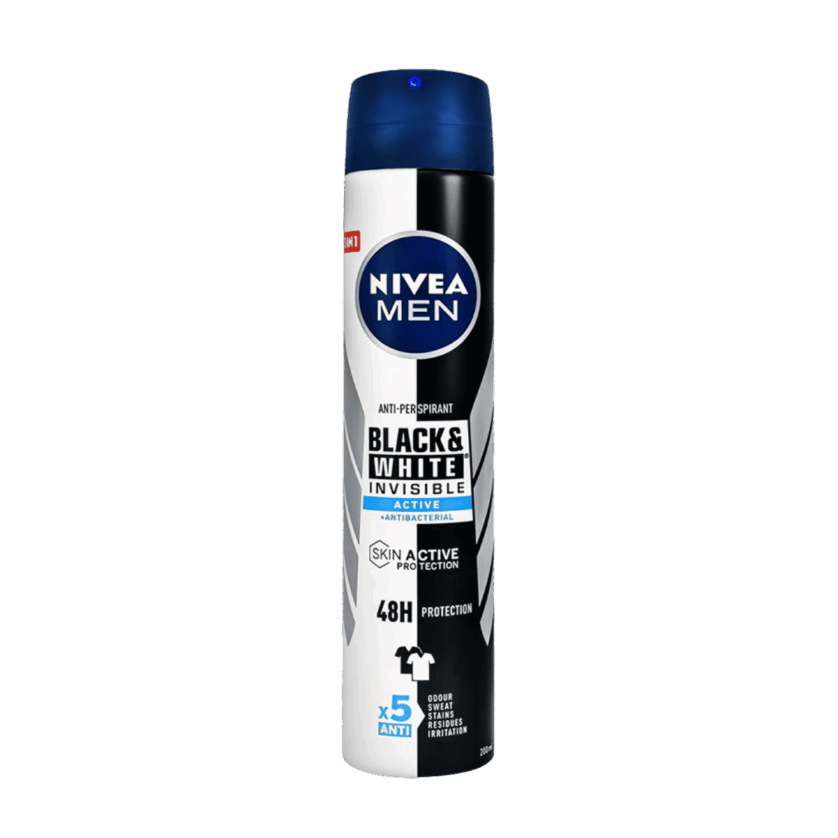 NIVEA-DEO SPRAY-200ml-DE-M-BLACK & WHITE INVISIBLE ACTIVE + ANTIBACTERIAL - Image 1