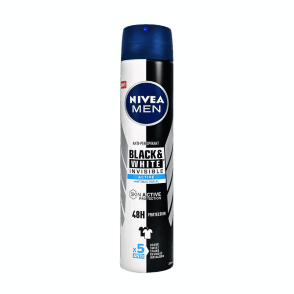 NIVEA-DEO SPRAY-200ml-DE-M-BLACK & WHITE INVISIBLE ACTIVE + ANTIBACTERIAL